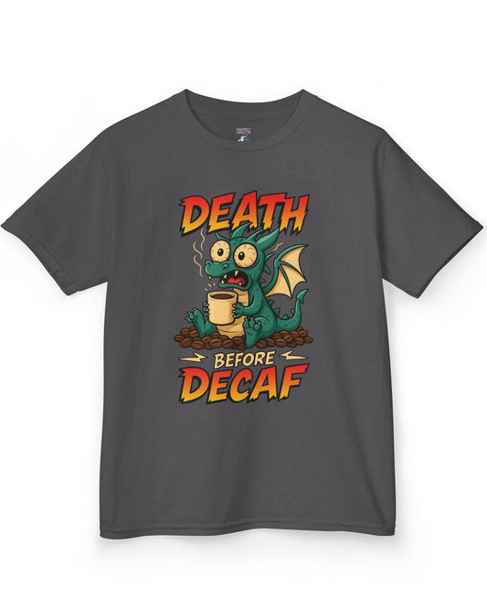 Death Before Decaf shirt in charcoal featuring a wide-eyed green dragon clutching coffee on a pile of beans.