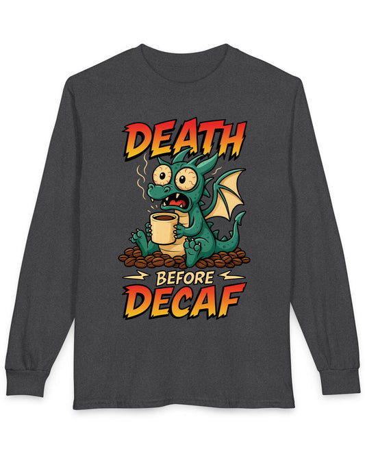 Death Before Decaf shirt in dark heather featuring a wide-eyed green dragon clutching coffee on a pile of beans