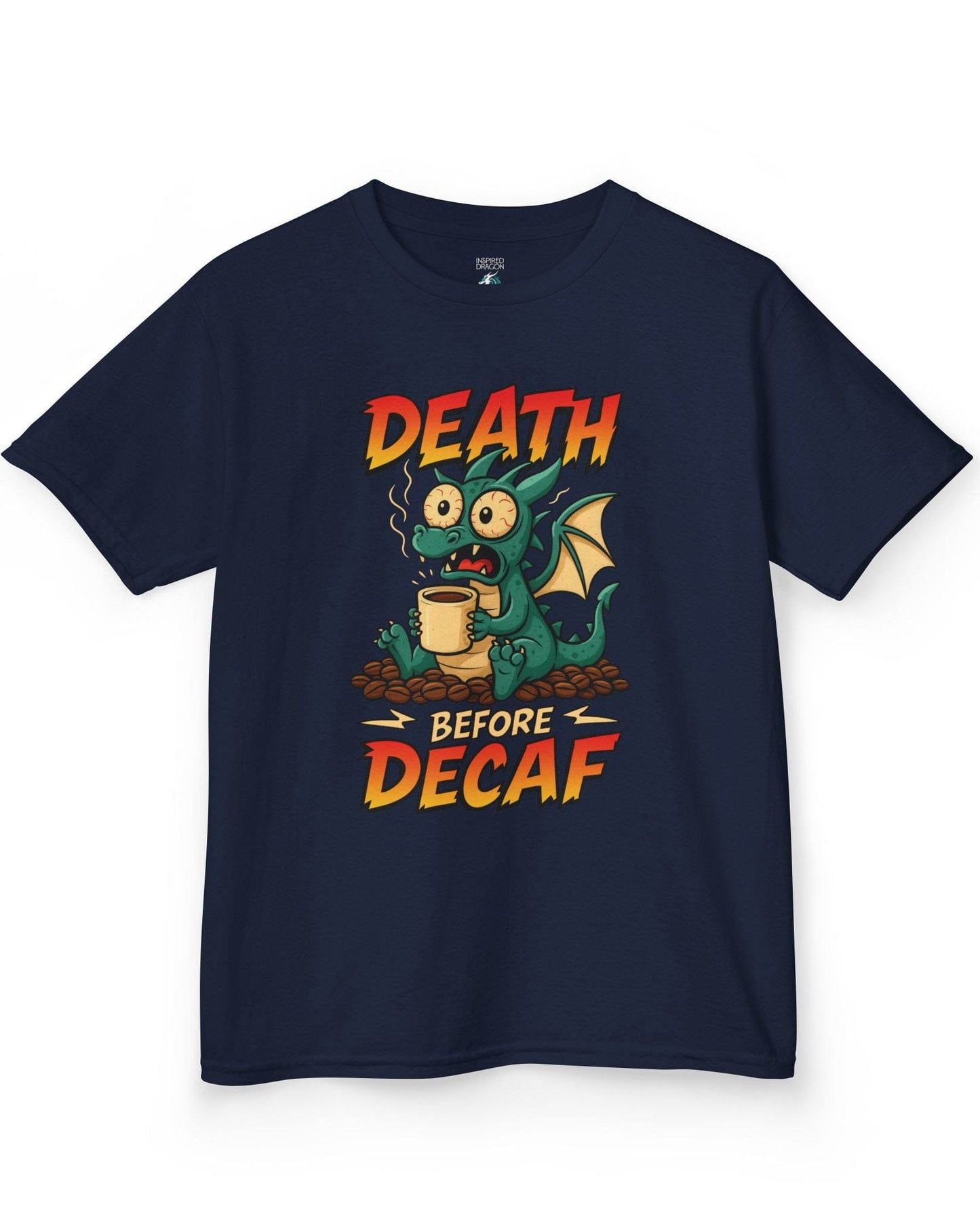 Death Before Decaf shirt in navy featuring a wide-eyed green dragon clutching coffee on a pile of beans.