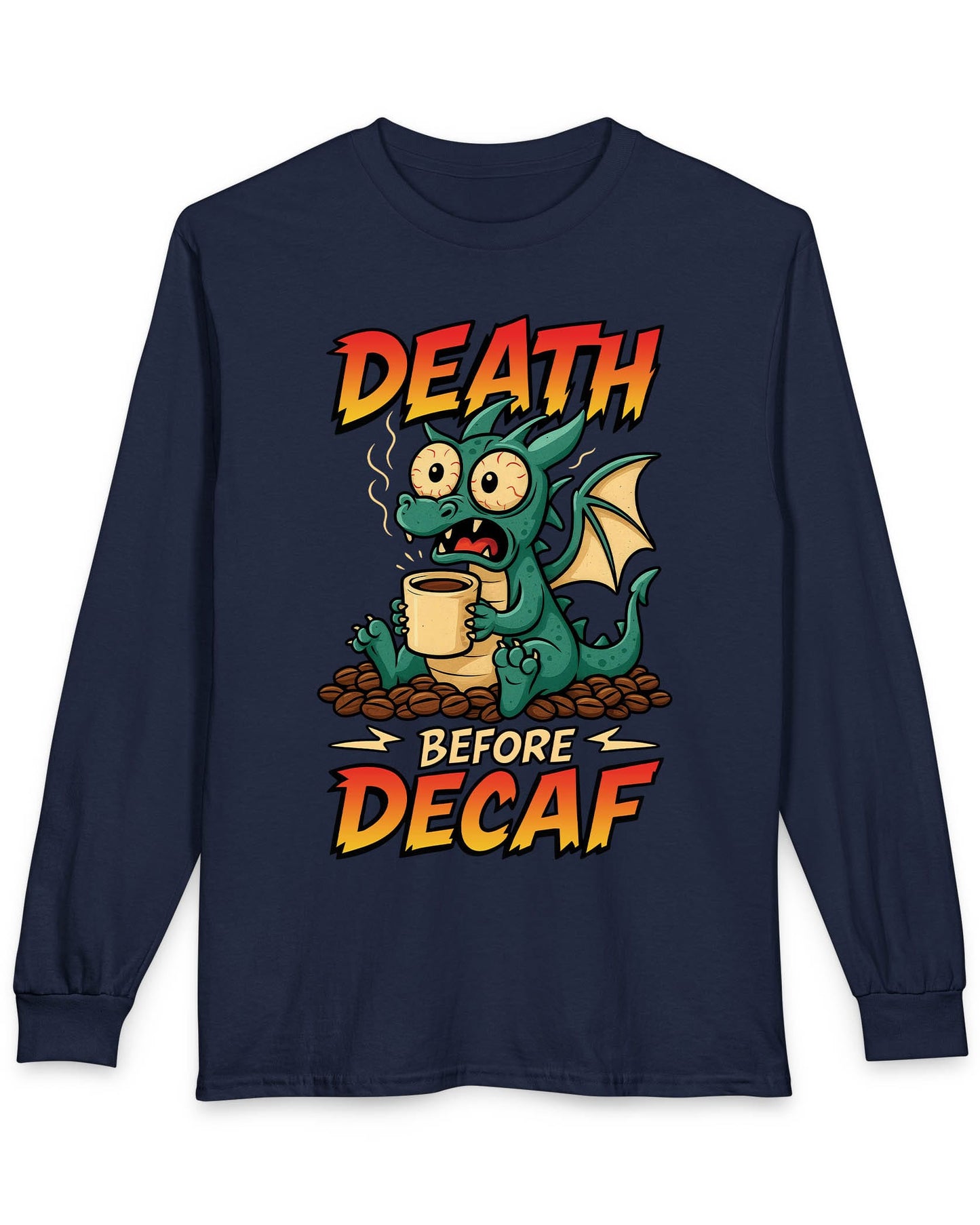 Death Before Decaf shirt in navy featuring a wide-eyed green dragon clutching coffee on a pile of beans