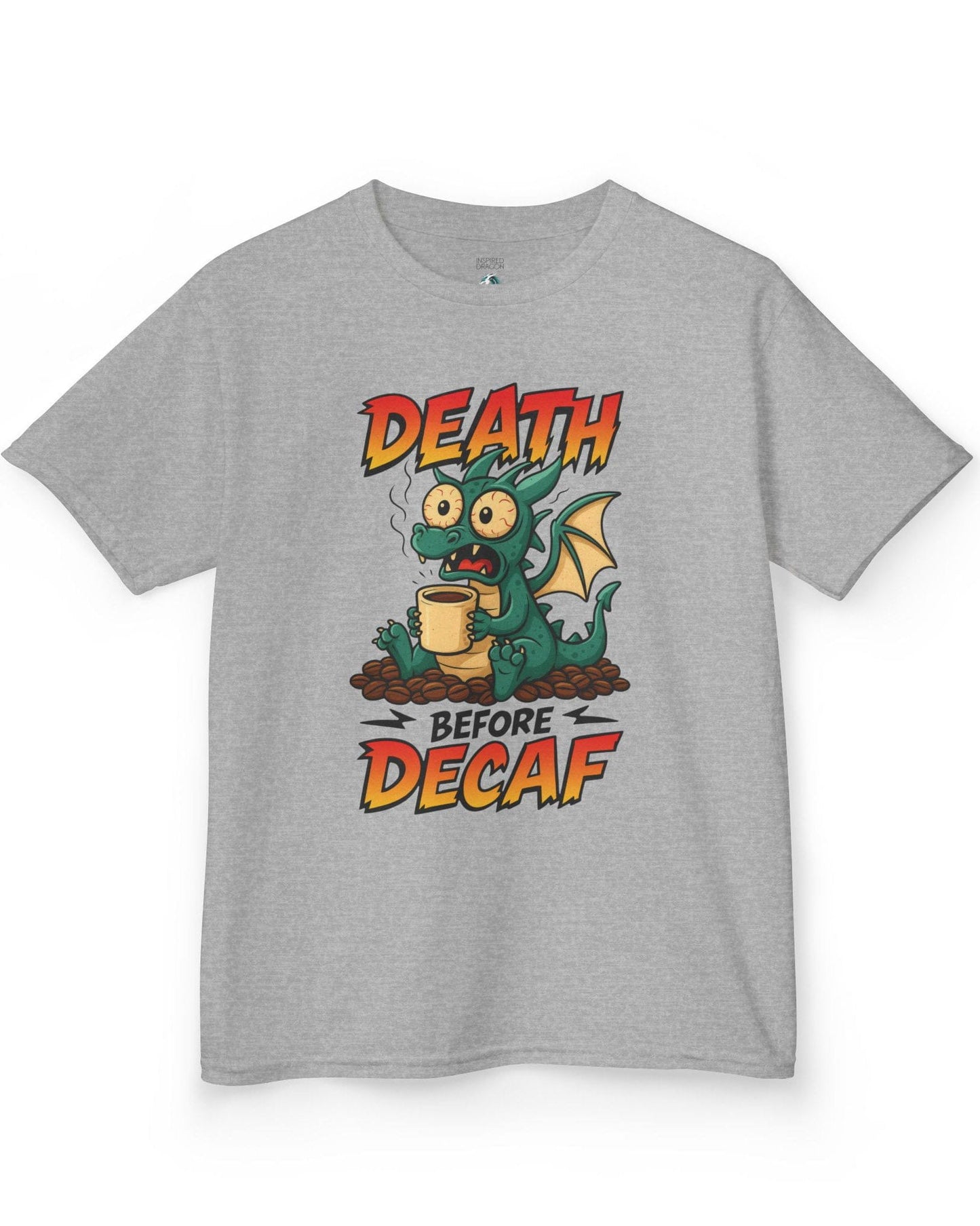 Death Before Decaf shirt in sport grey featuring a wide-eyed green dragon clutching coffee on a pile of beans.
