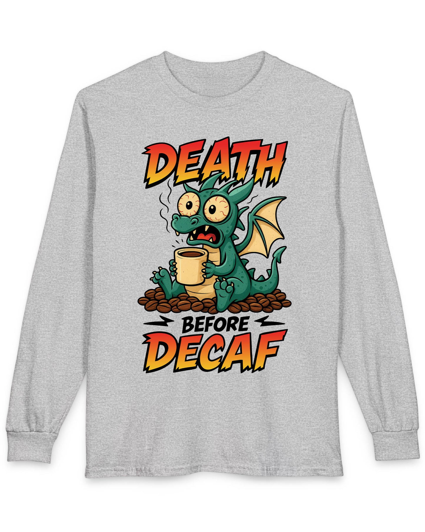 Death Before Decaf shirt in sport grey featuring a wide-eyed green dragon clutching coffee on a pile of beans