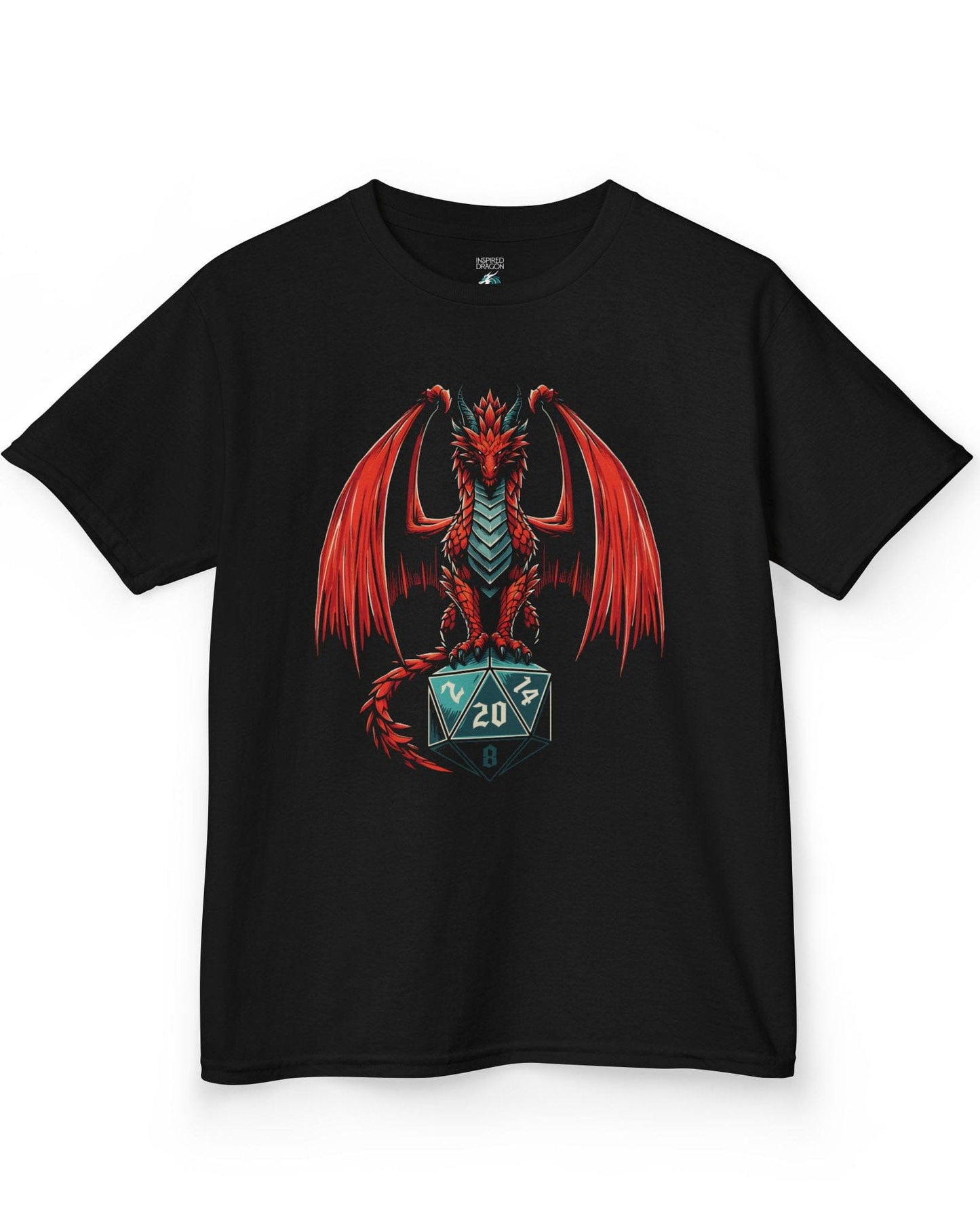 The Scarlet Warden shirt in black, featuring a red dragon perched atop a teal twenty-sided die.