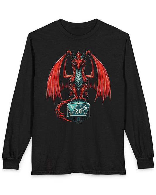 The Scarlet Warden shirt in black featuring a red dragon perched atop a teal twenty-sided die