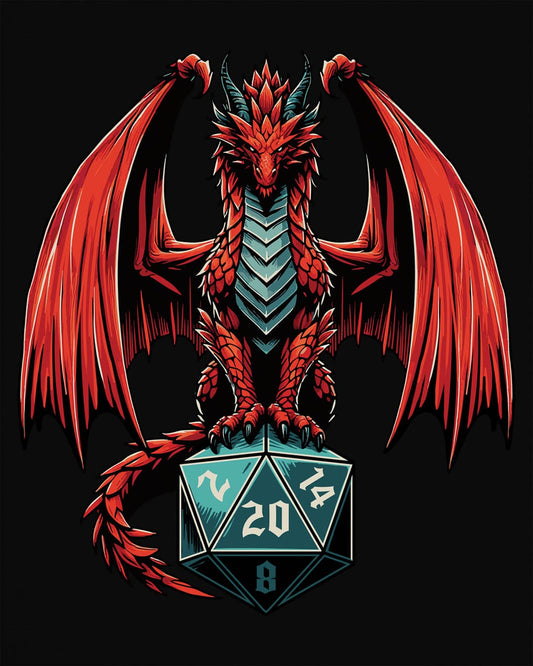 The Scarlet Warden shirt in black, featuring a red dragon perched atop a twenty-sided die.