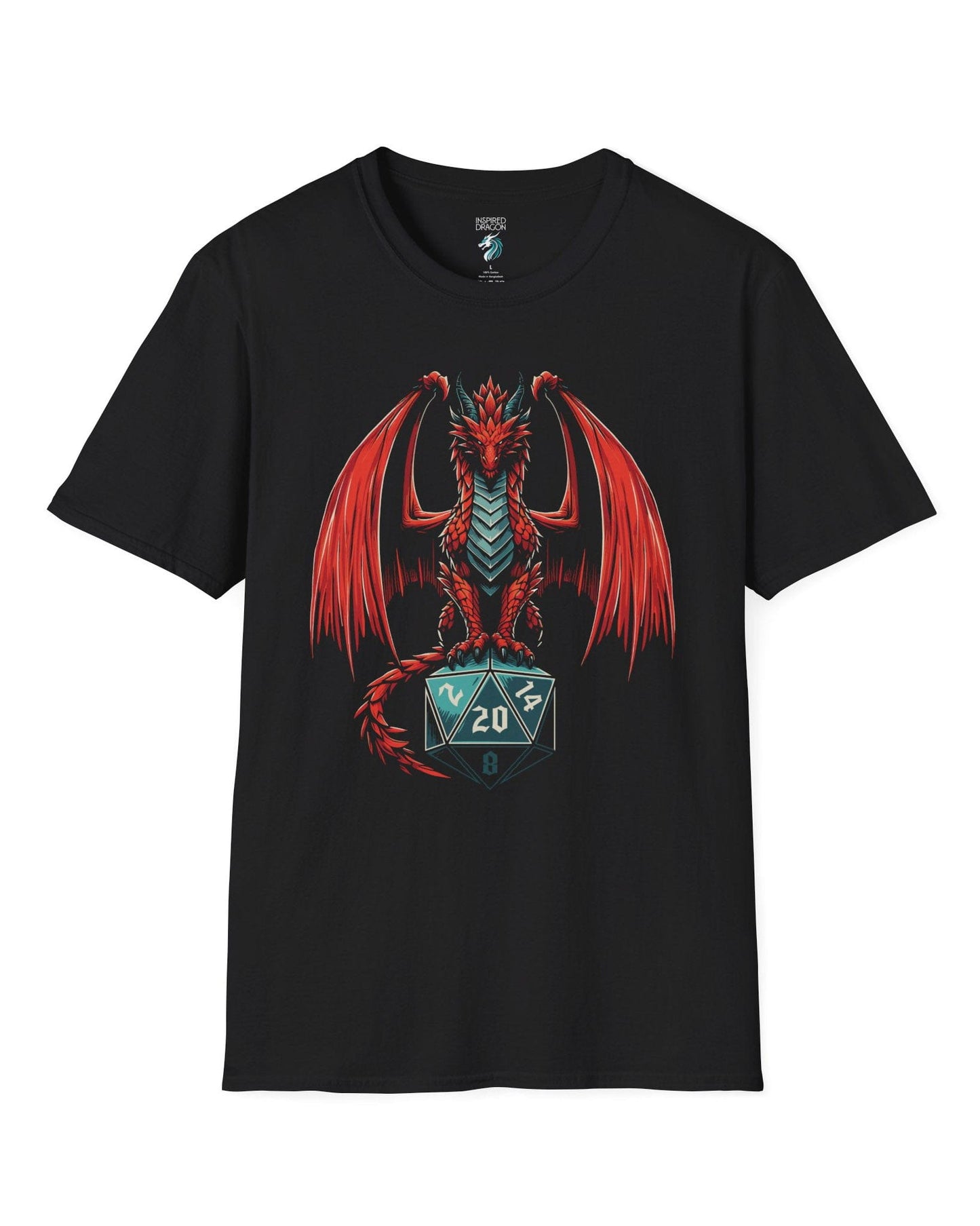 The Scarlet Warden shirt in black, featuring a red dragon perched atop a teal twenty-sided die.