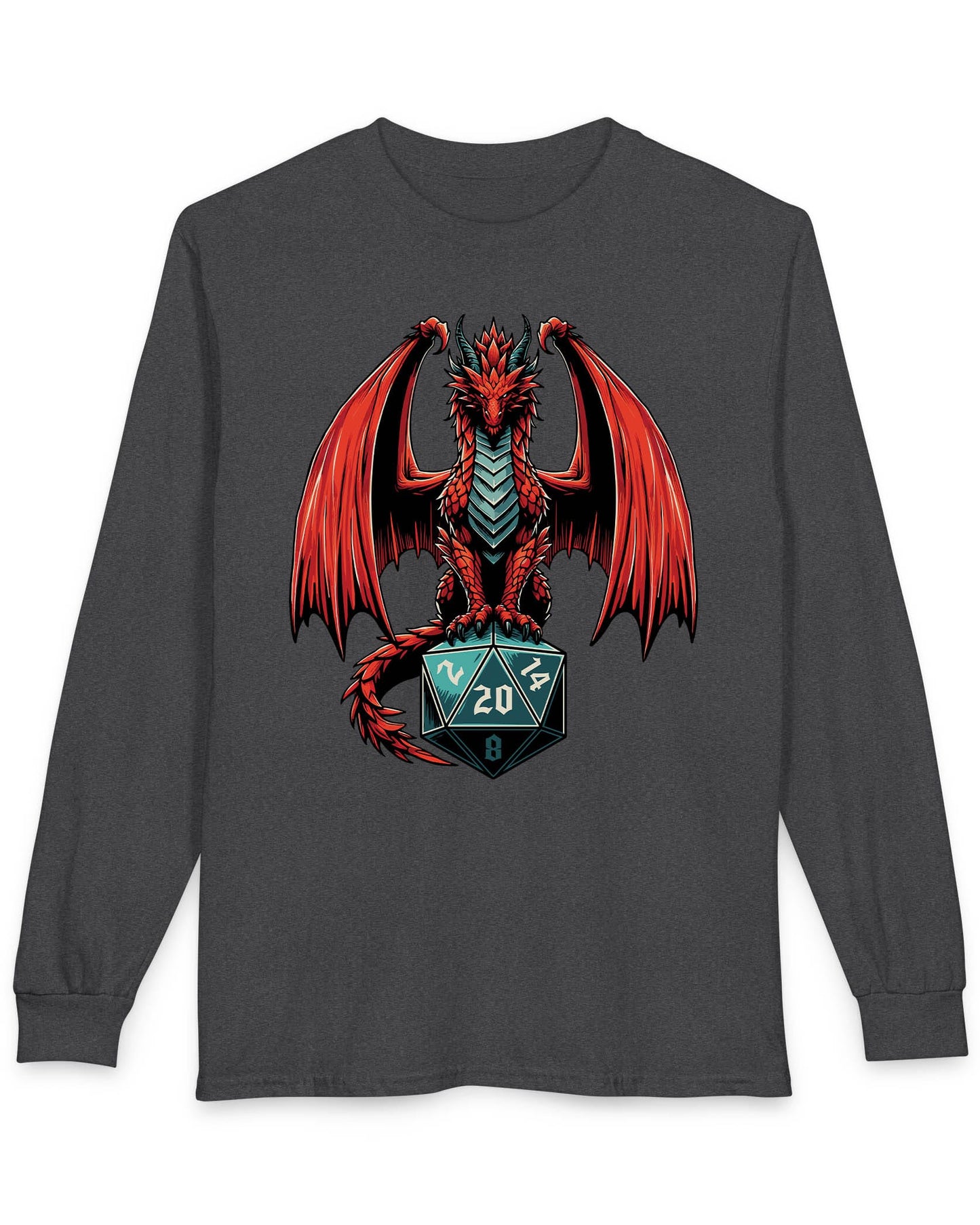 The Scarlet Warden shirt in dark heather featuring a red dragon perched atop a teal twenty-sided die