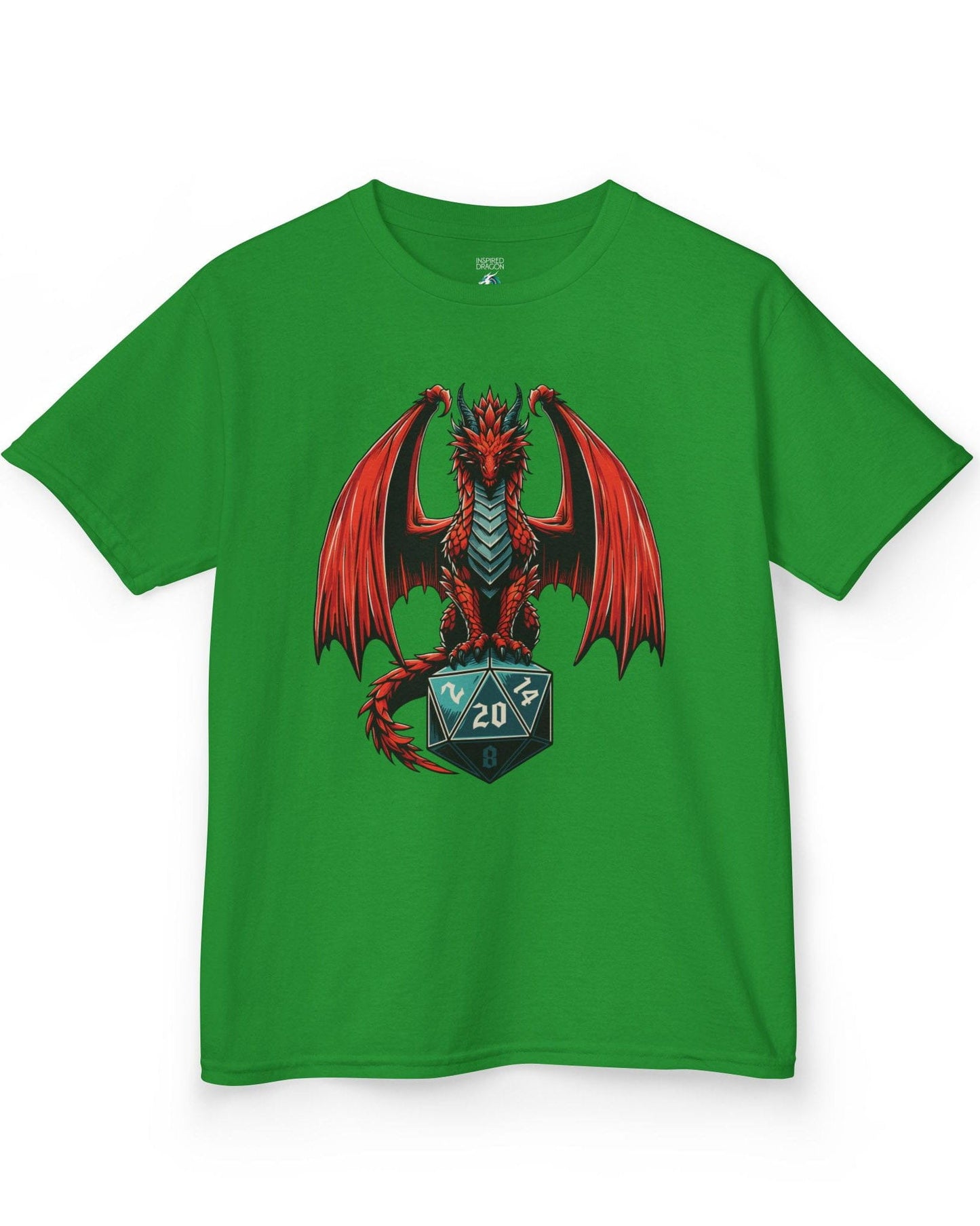 The Scarlet Warden shirt in Irish green, featuring a red dragon perched atop a teal twenty-sided die.