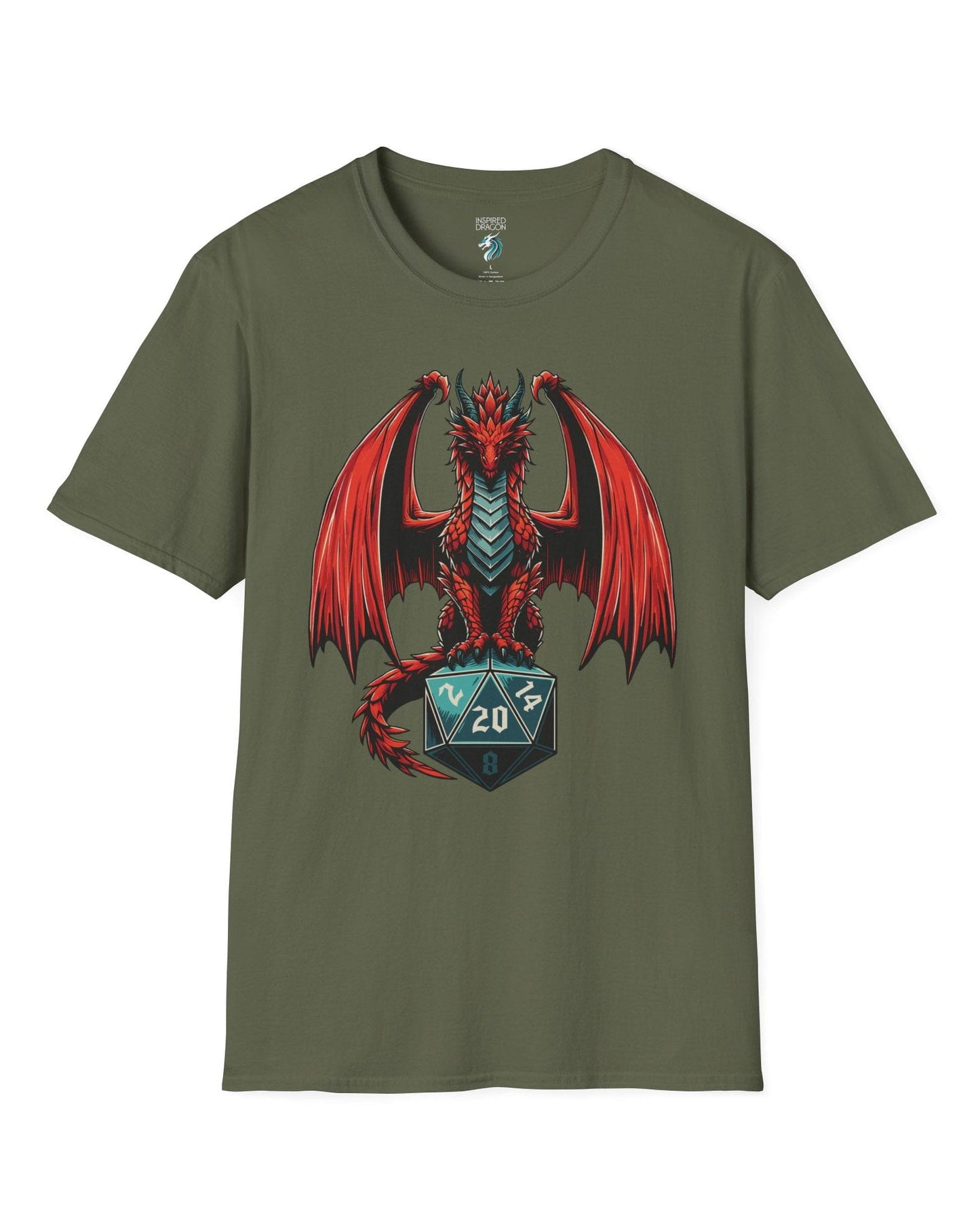 The Scarlet Warden shirt in military green, featuring a red dragon perched atop a teal twenty-sided die.