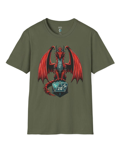 The Scarlet Warden shirt in military green, featuring a red dragon perched atop a teal twenty-sided die.