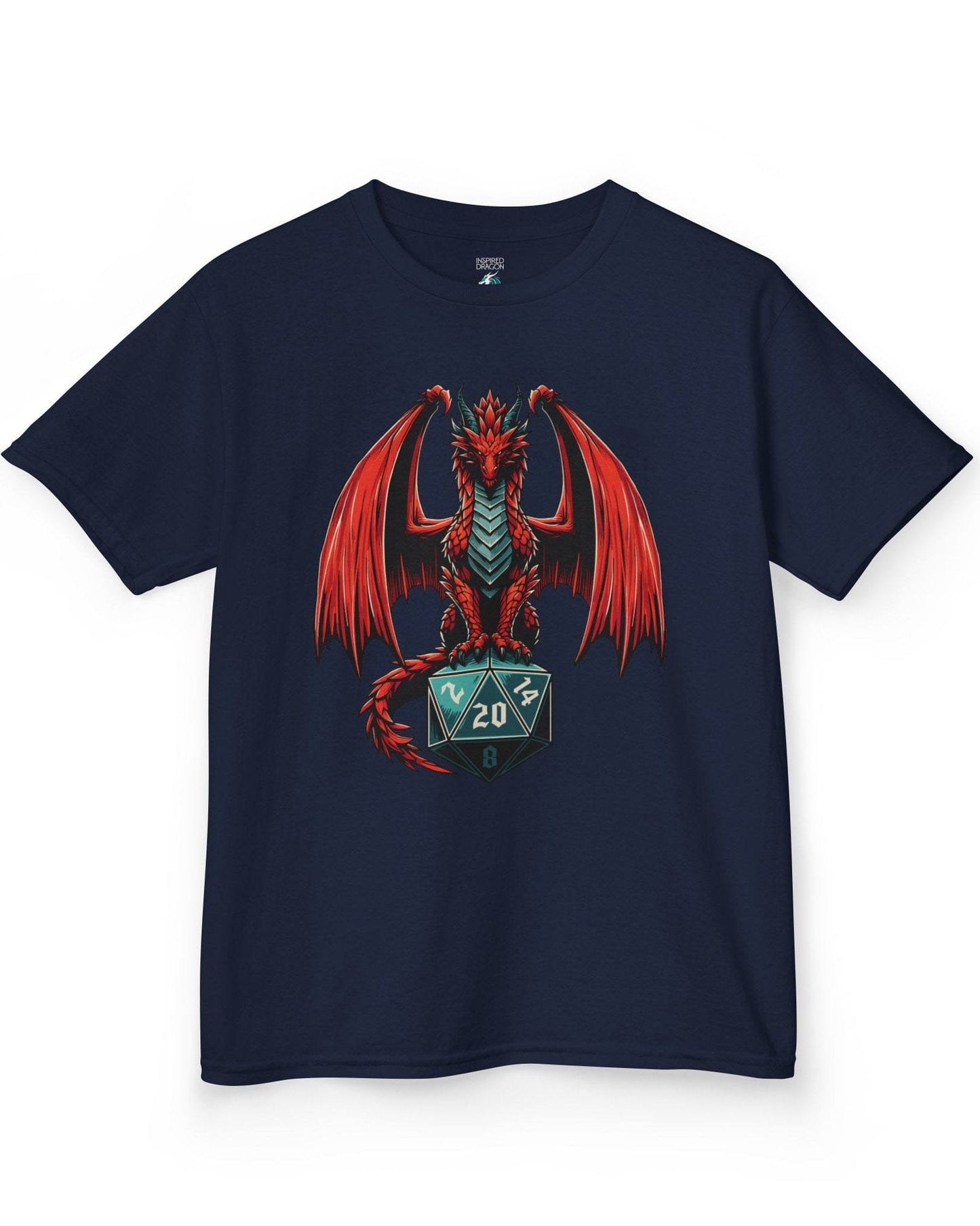 The Scarlet Warden shirt in navy, featuring a red dragon perched atop a teal twenty-sided die.