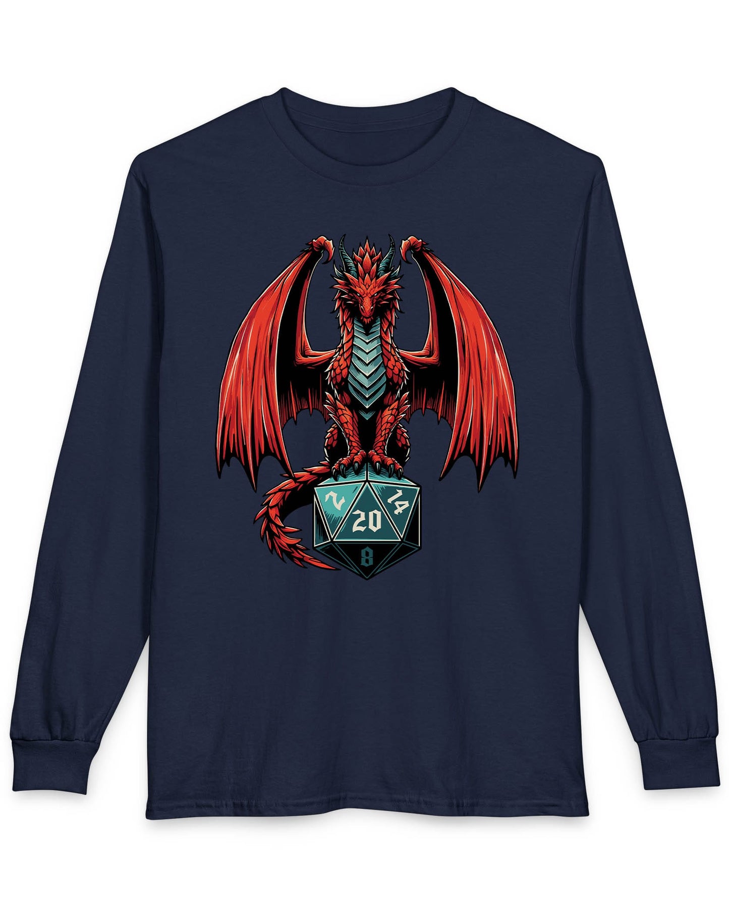 The Scarlet Warden shirt in navy featuring a red dragon perched atop a teal twenty-sided die
