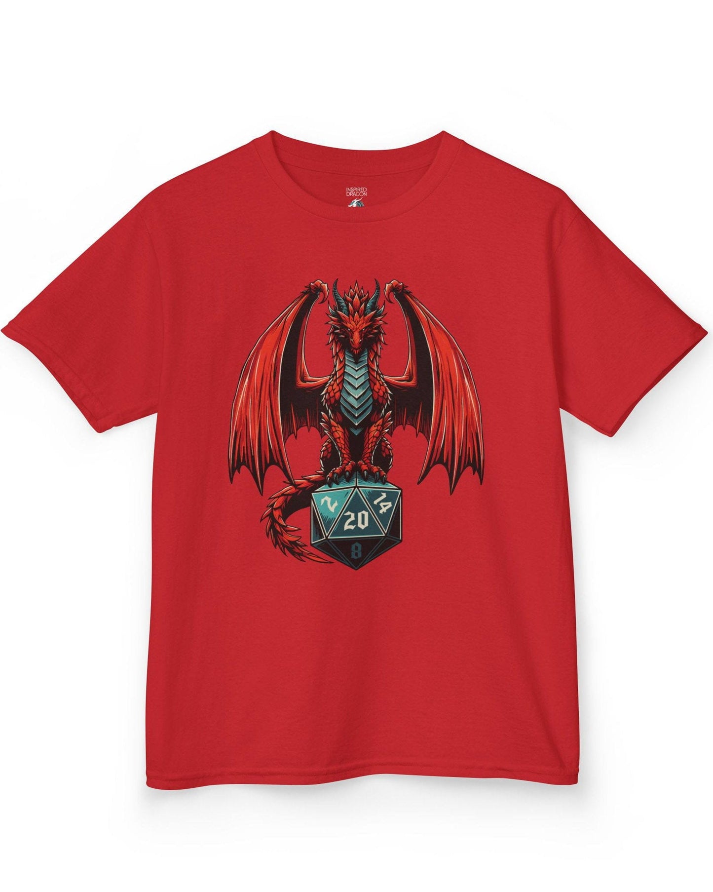The Scarlet Warden shirt in red, featuring a red dragon perched atop a teal twenty-sided die.