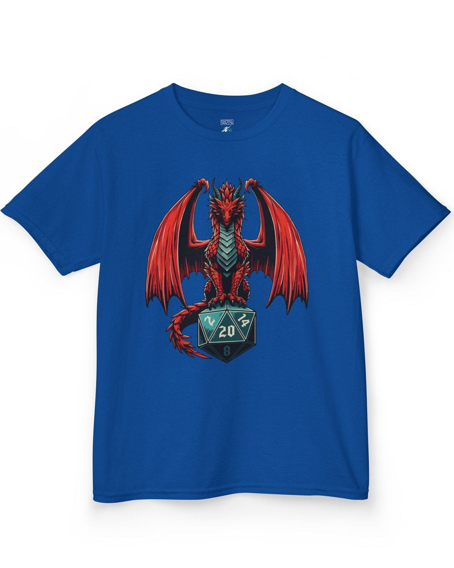 The Scarlet Warden shirt in royal blue, featuring a red dragon perched atop a teal twenty-sided die.