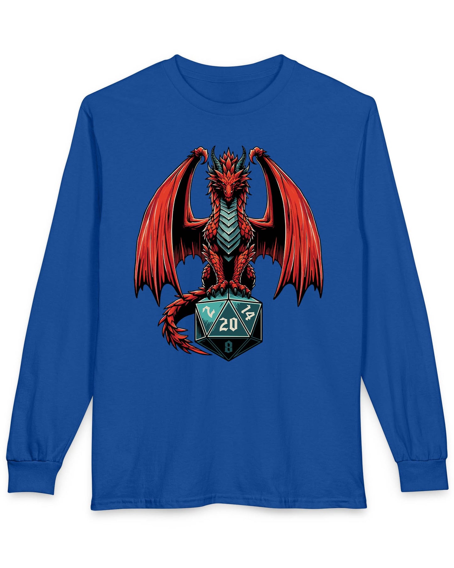 The Scarlet Warden shirt in royal blue featuring a red dragon perched atop a teal twenty-sided die