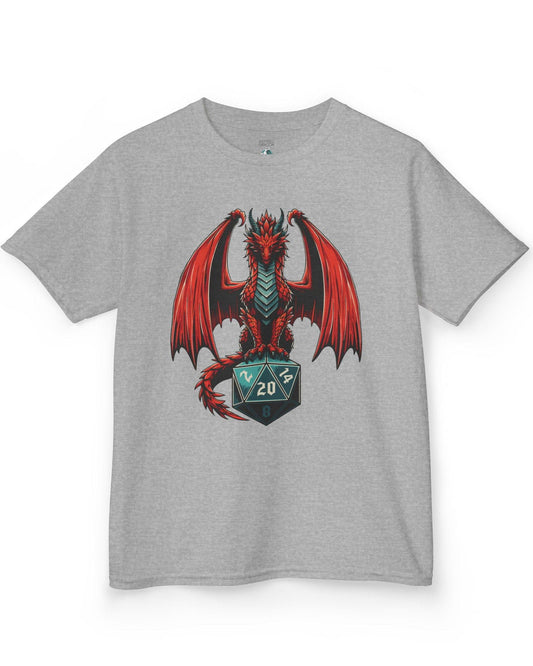 The Scarlet Warden shirt in sport grey, featuring a red dragon perched atop a teal twenty-sided die.