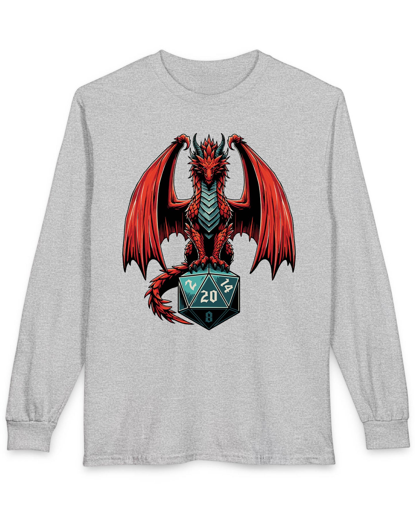 The Scarlet Warden shirt in sport grey featuring a red dragon perched atop a teal twenty-sided die