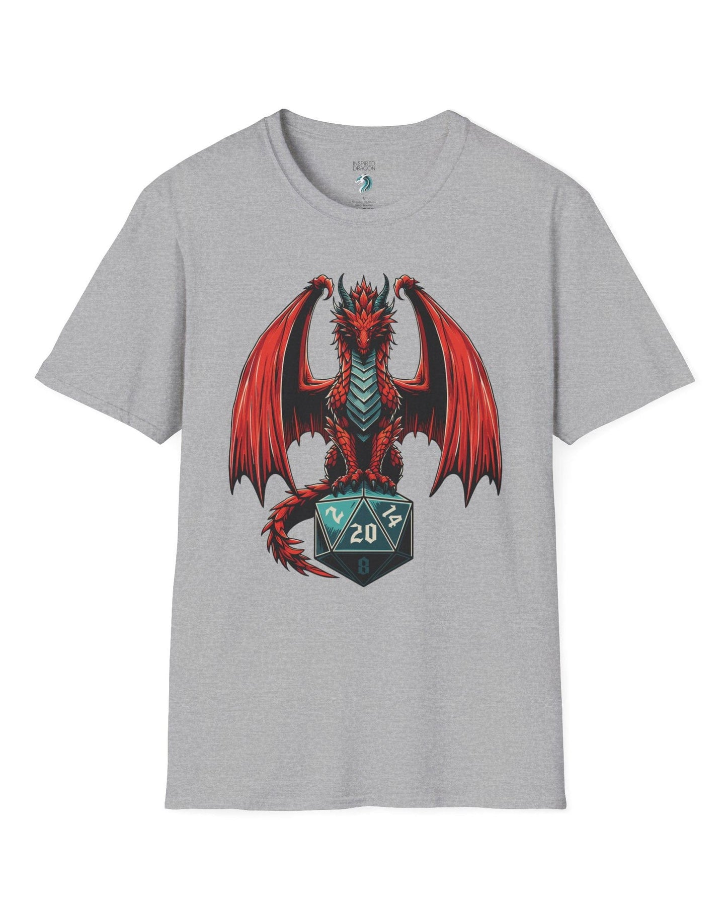 The Scarlet Warden shirt in sport grey, featuring a red dragon perched atop a teal twenty-sided die.