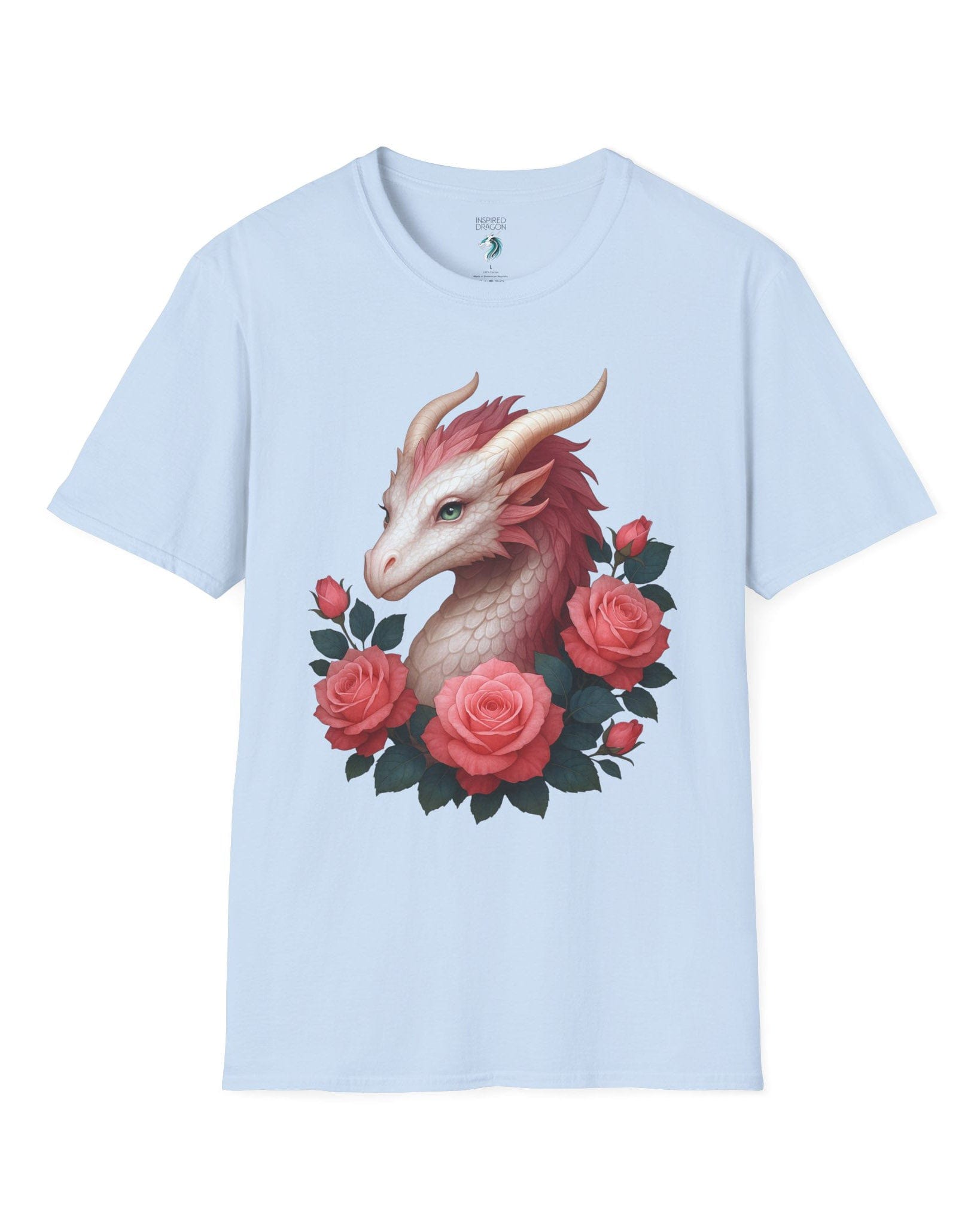 Grace of the Rose Dragon shirt in light blue, featuring a soft pink dragon surrounded by blooming roses.