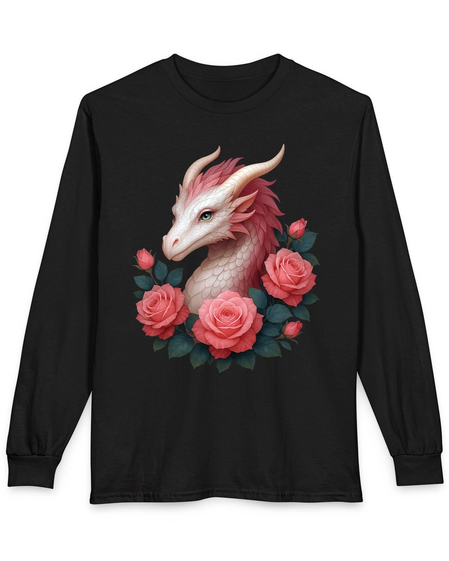 Grace of the Rose Dragon shirt in black featuring a soft pink dragon surrounded by blooming roses