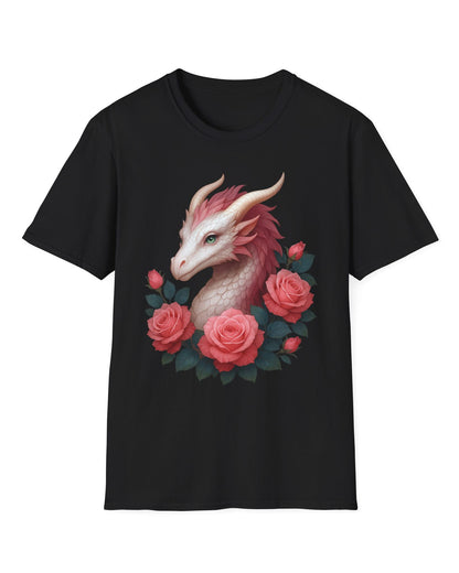 Grace of the Rose Dragon shirt in black featuring a soft pink dragon surrounded by blooming roses