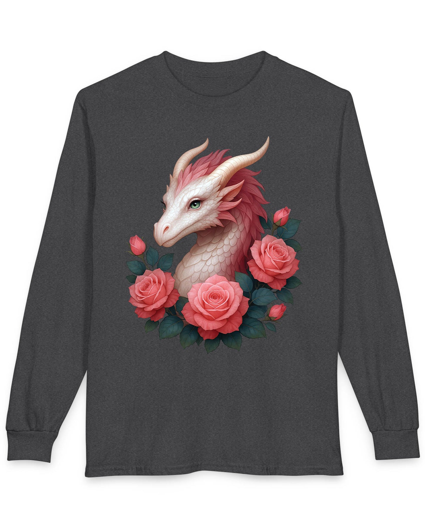 Grace of the Rose Dragon shirt in dark heather featuring a soft pink dragon surrounded by blooming roses