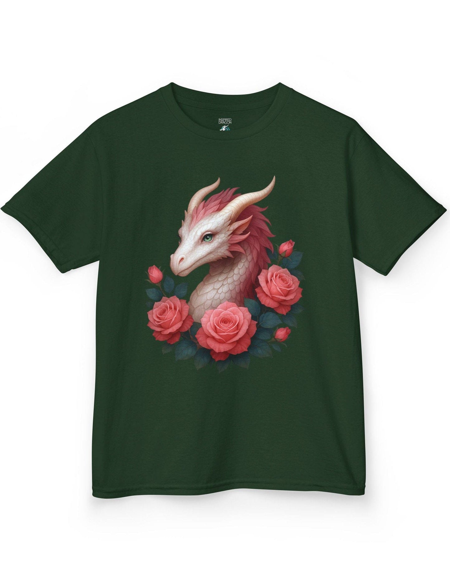 Grace of the Rose Dragon shirt in forest green, featuring a soft pink dragon surrounded by blooming roses.