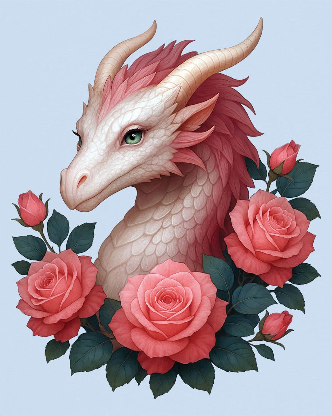 Grace of the Rose Dragon shirt in light blue, featuring a soft pink dragon surrounded by blooming roses.