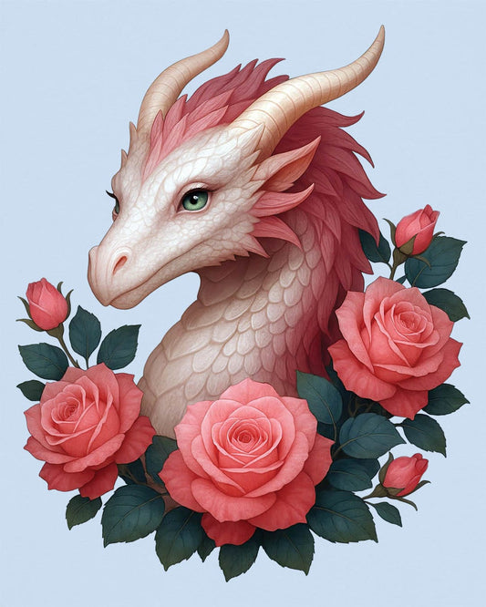 Grace of the Rose Dragon shirt in light blue, featuring a soft pink dragon surrounded by blooming roses.