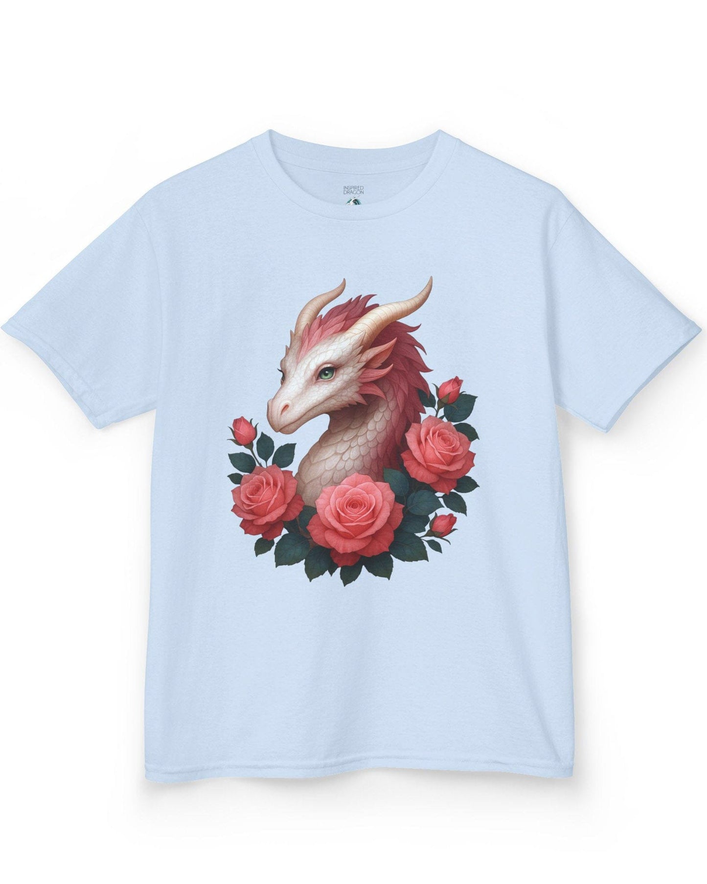 Grace of the Rose Dragon shirt in light blue, featuring a soft pink dragon surrounded by blooming roses.