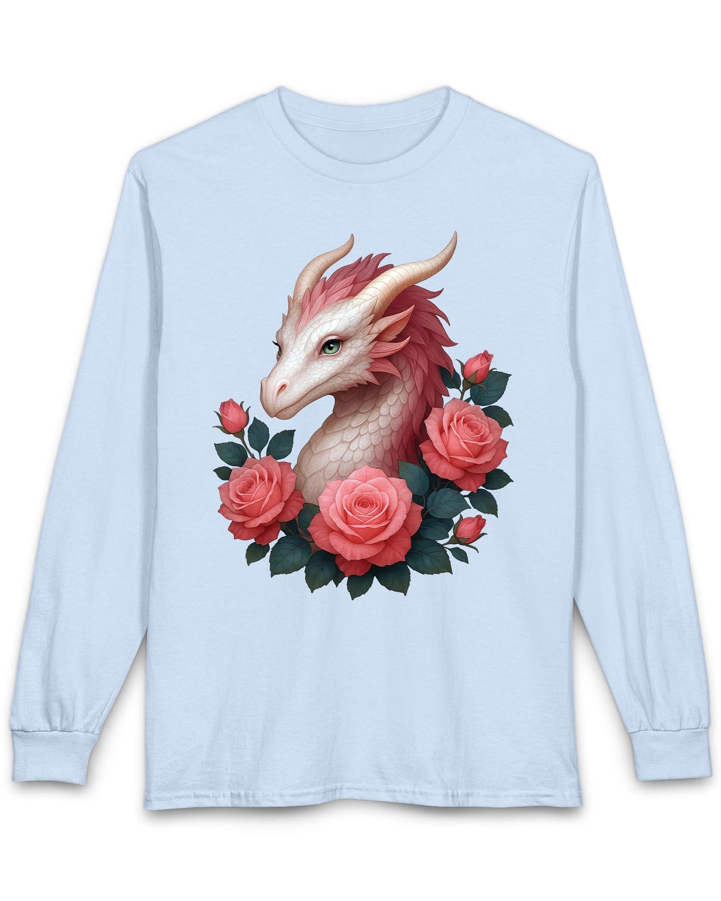 Grace of the Rose Dragon shirt in light blue featuring a soft pink dragon surrounded by blooming roses