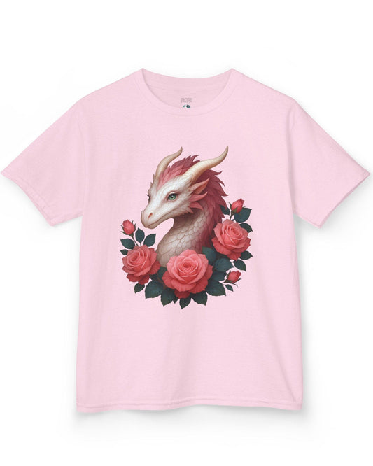 Grace of the Rose Dragon shirt in light pink, featuring a soft pink dragon surrounded by blooming roses.