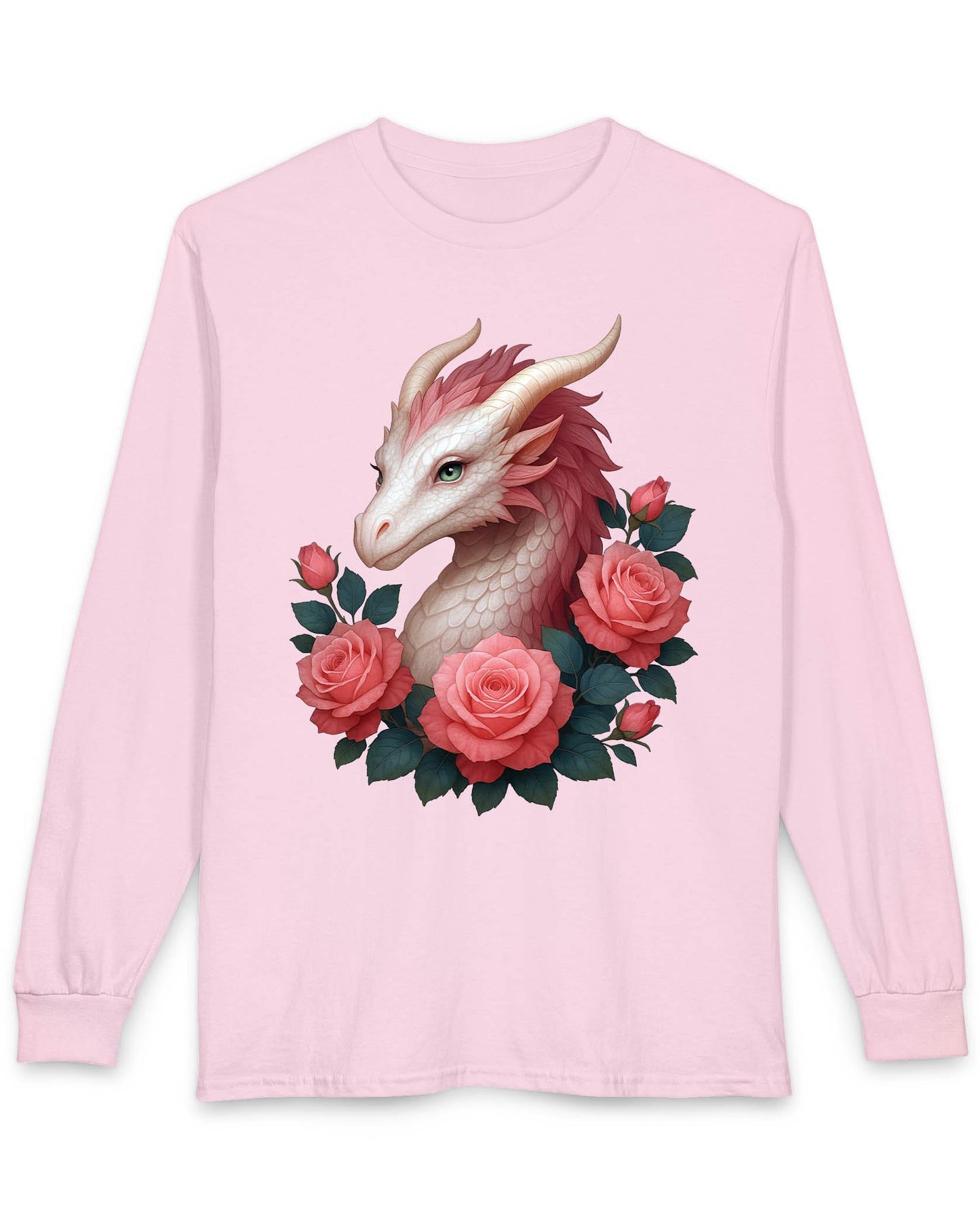 Grace of the Rose Dragon shirt in light pink featuring a soft pink dragon surrounded by blooming roses