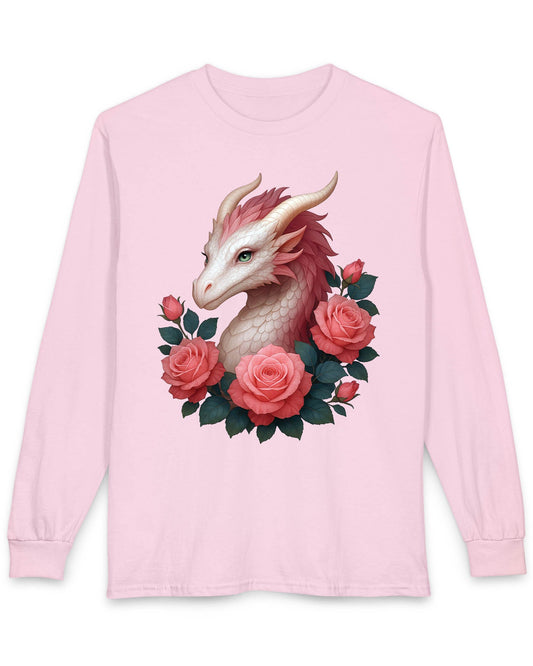 Grace of the Rose Dragon shirt in light pink featuring a soft pink dragon surrounded by blooming roses