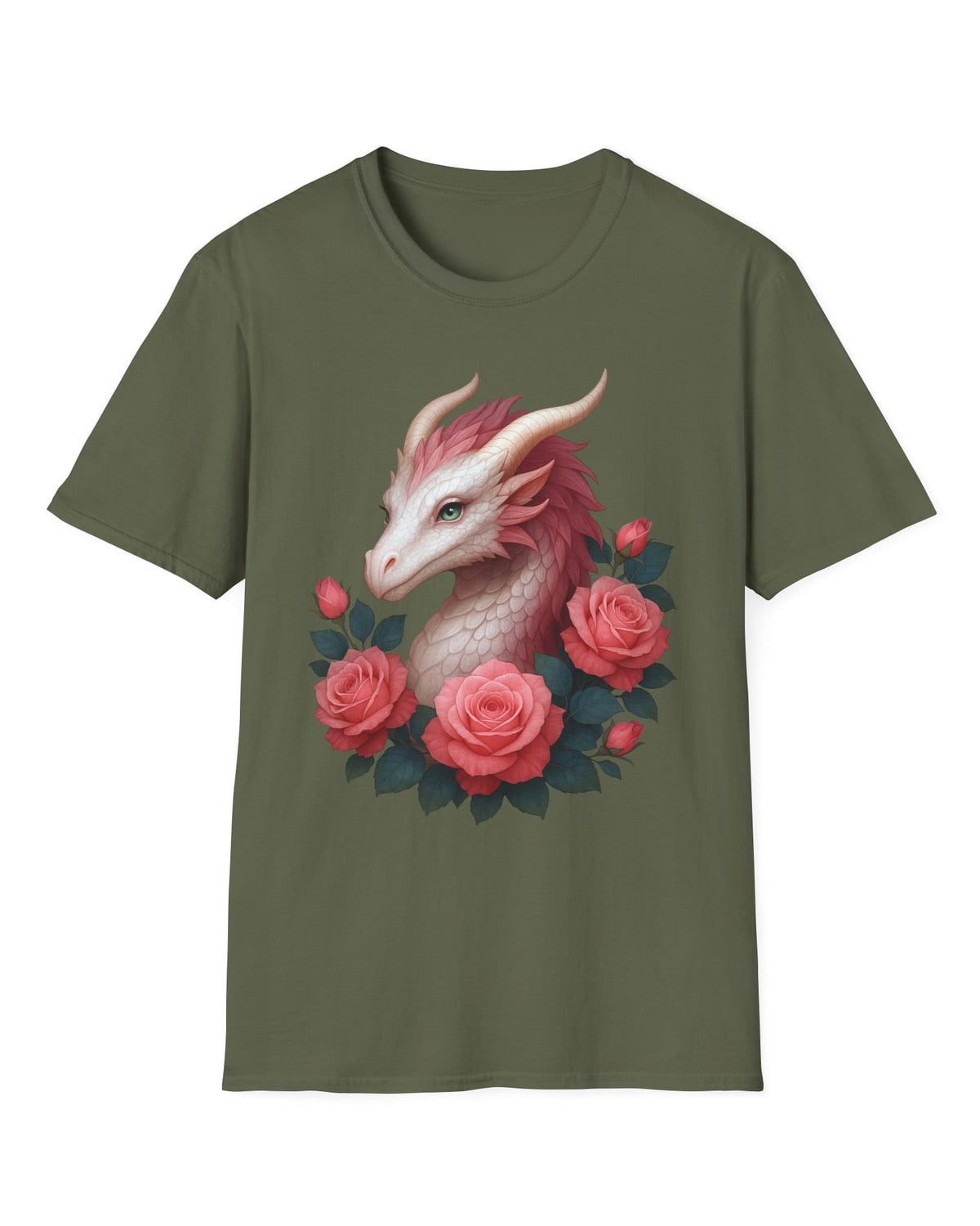 Grace of the Rose Dragon shirt in military green, featuring a soft pink dragon surrounded by blooming roses.