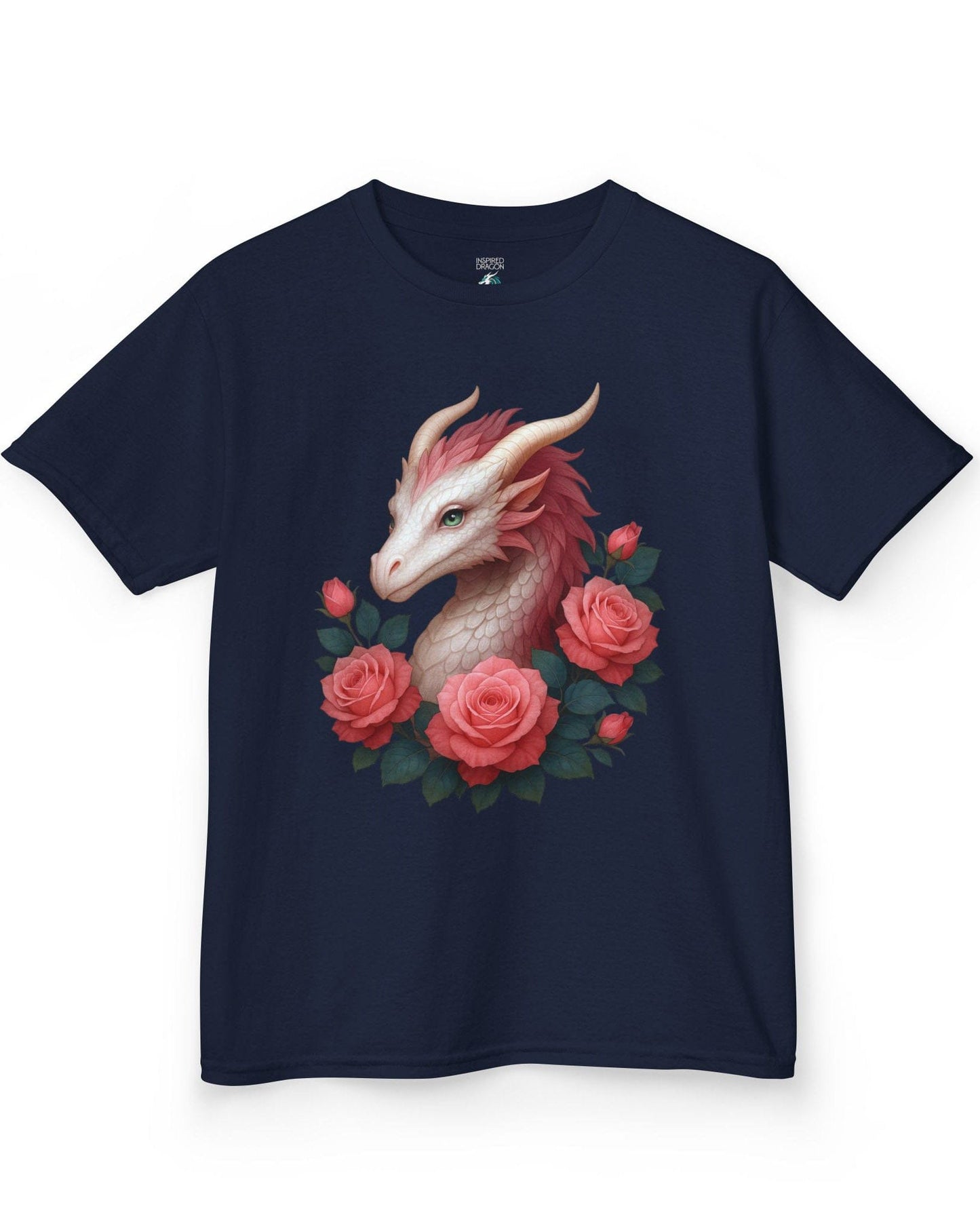 Grace of the Rose Dragon shirt in navy, featuring a soft pink dragon surrounded by blooming roses.
