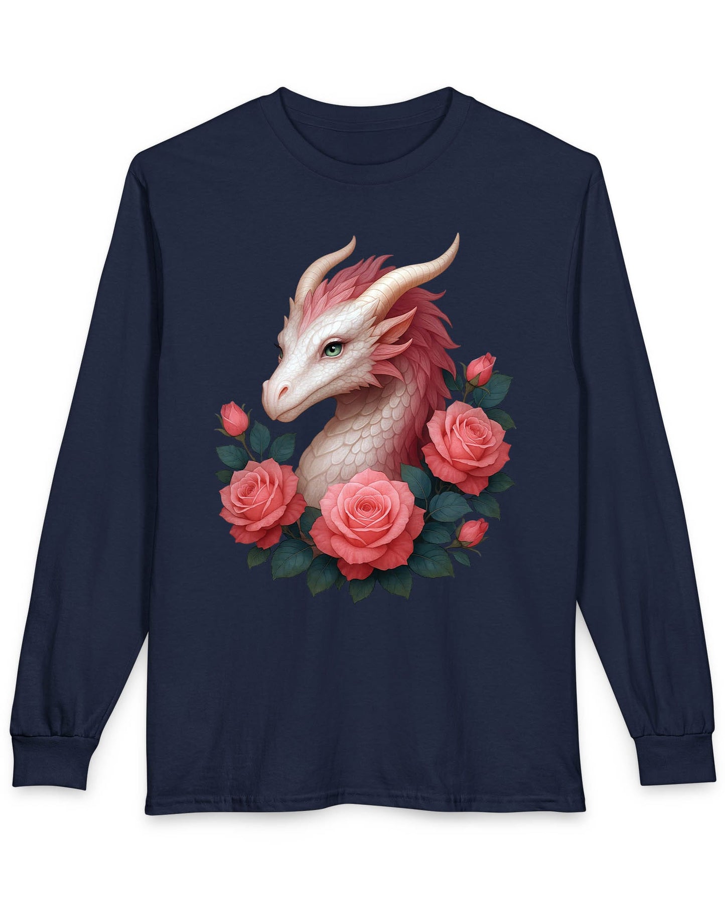 Grace of the Rose Dragon shirt in navy featuring a soft pink dragon surrounded by blooming roses