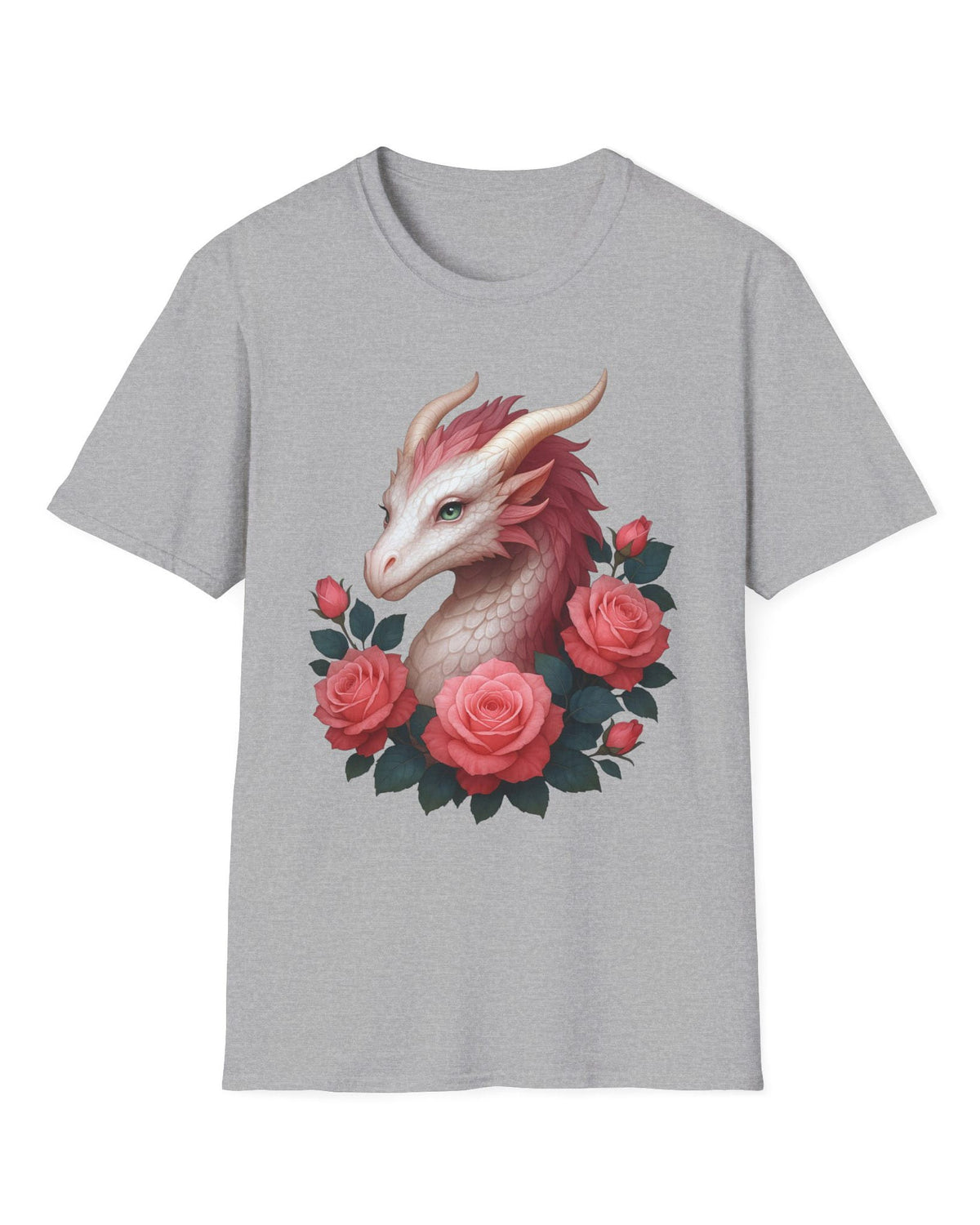 Grace of the Rose Dragon shirt in sport grey, featuring a soft pink dragon surrounded by blooming roses.