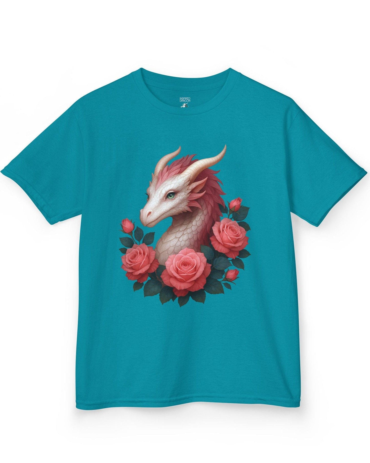 Grace of the Rose Dragon shirt in tropical blue, featuring a soft pink dragon surrounded by blooming roses.