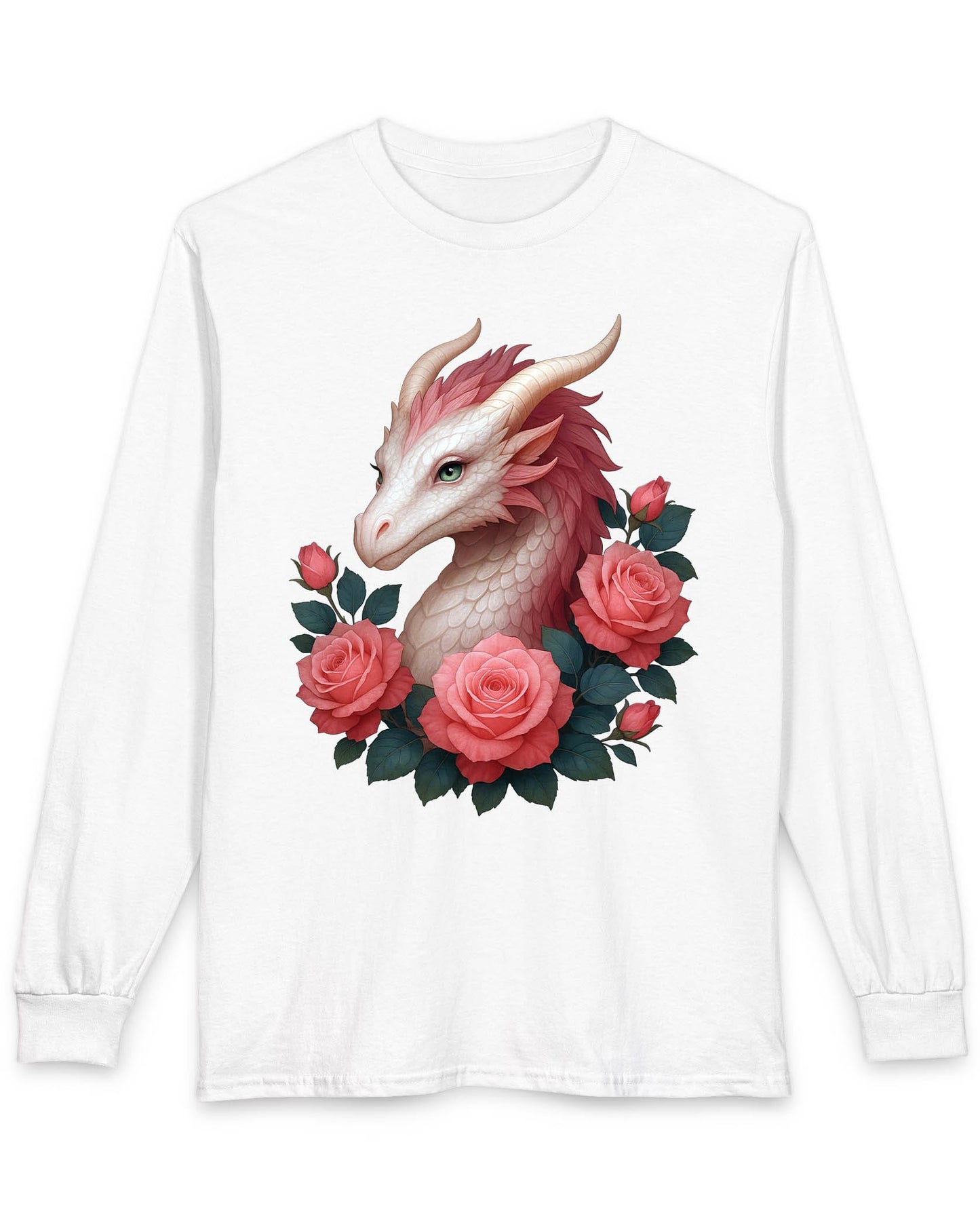 Grace of the Rose Dragon shirt in white featuring a soft pink dragon surrounded by blooming roses