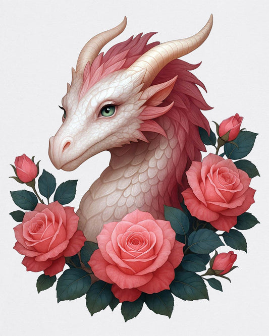 Grace of the Rose Dragon shirt in white, featuring a soft pink dragon surrounded by blooming roses.
