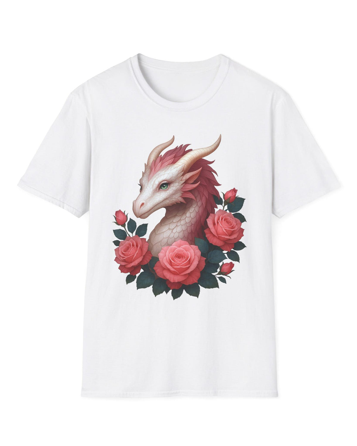 Grace of the Rose Dragon shirt in white, featuring a soft pink dragon surrounded by blooming roses.