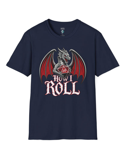 How I Roll shirt in navy, featuring a fierce silver dragon gripping a red 20-sided die above text “How I Roll.”