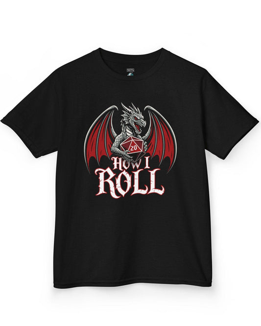 How I Roll shirt in black, featuring a fierce silver dragon gripping a red 20-sided die above text “How I Roll.”