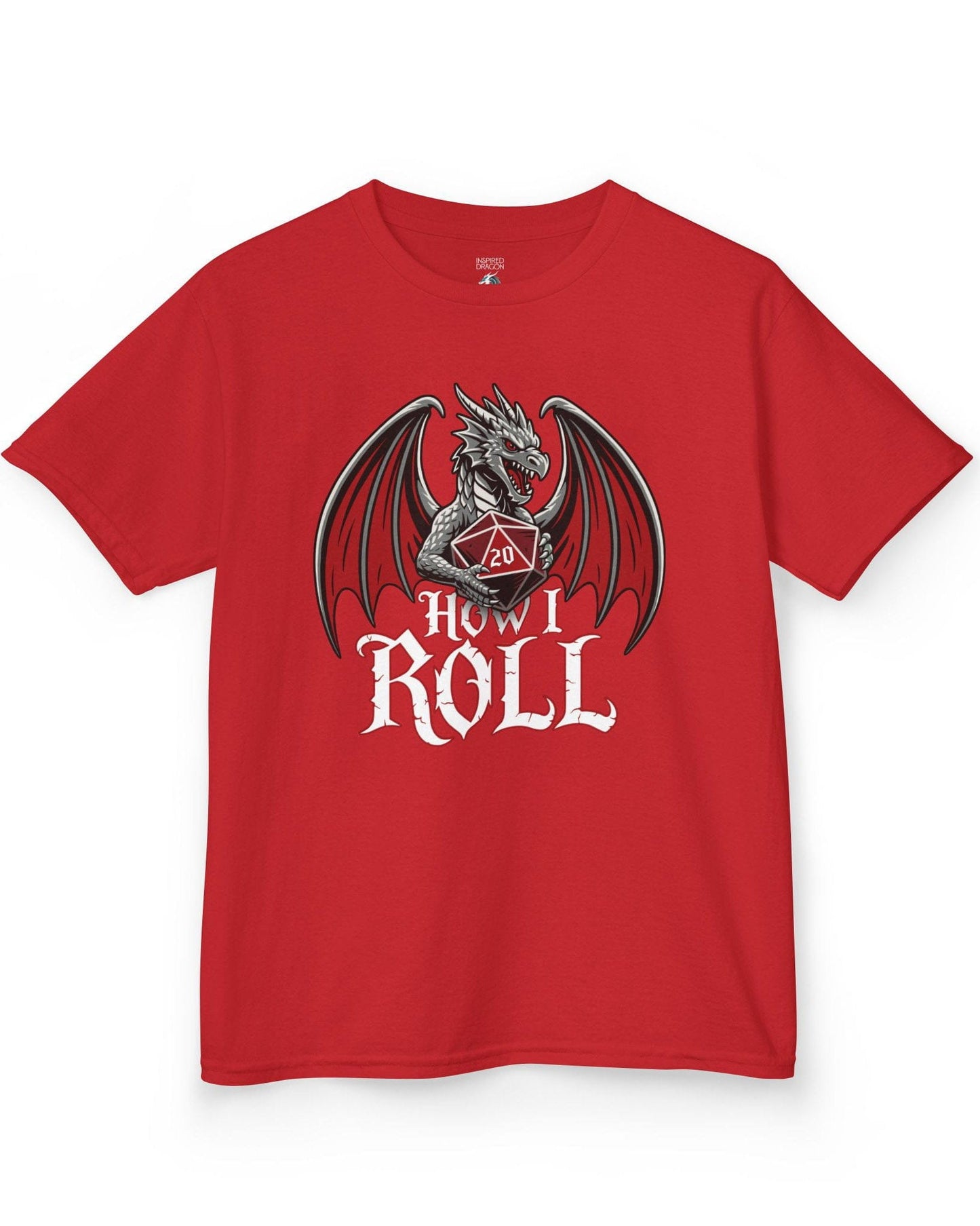 How I Roll shirt in red, featuring a fierce silver dragon gripping a red 20-sided die above text “How I Roll.”