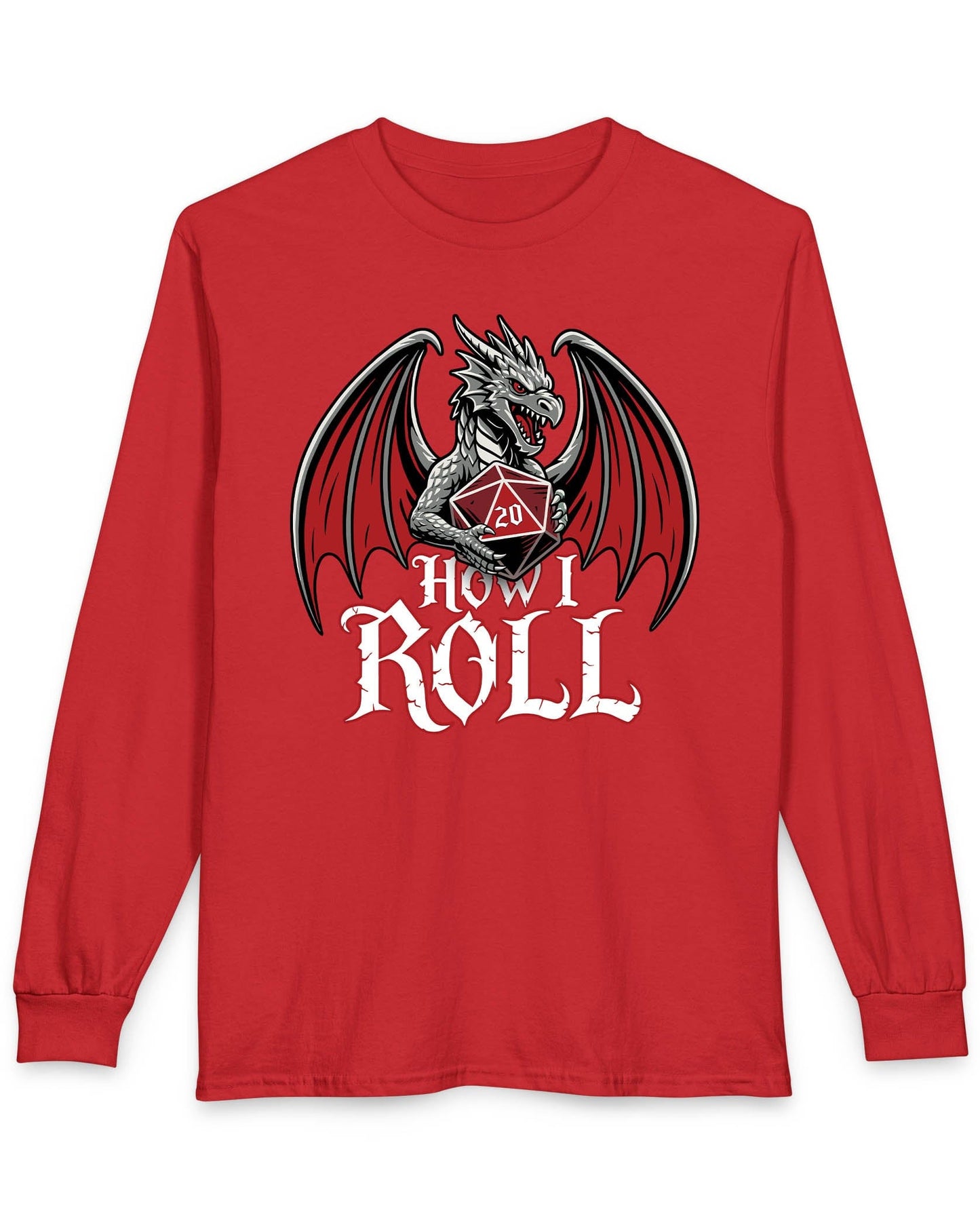 How I Roll shirt in red, featuring a fierce silver dragon gripping a red 20-sided die above text “How I Roll.”