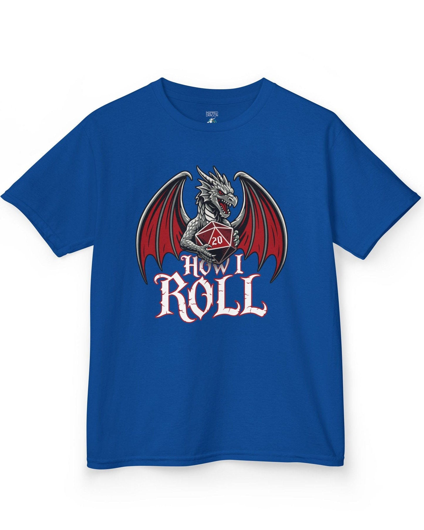 How I Roll shirt in royal blue, featuring a fierce silver dragon gripping a red 20-sided die above text “How I Roll.”