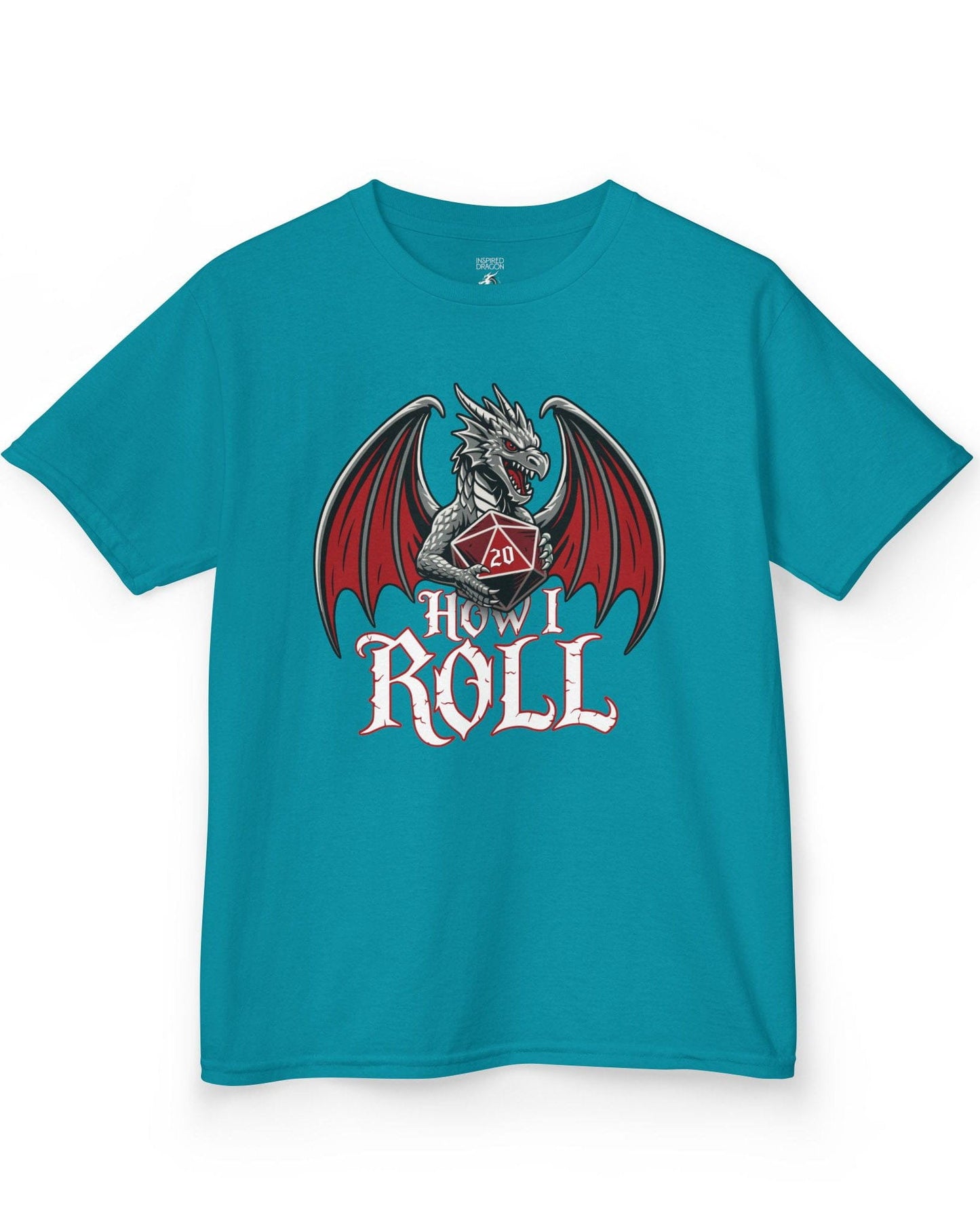 How I Roll shirt in tropical blue, featuring a fierce silver dragon gripping a red 20-sided die above text “How I Roll.”