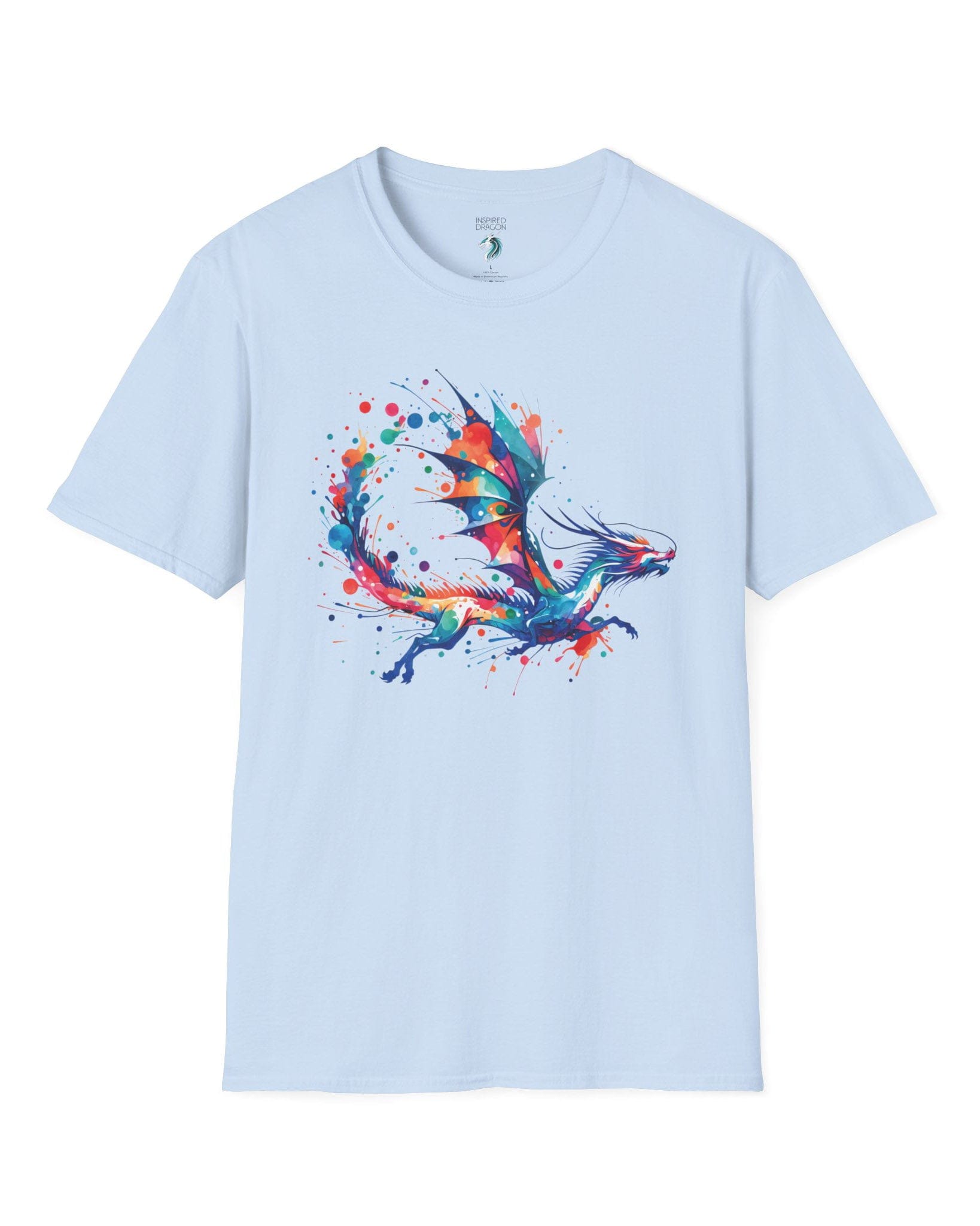 Splatterwing shirt in light blue, featuring a vibrant dragon made of dynamic multicolor paint splashes.