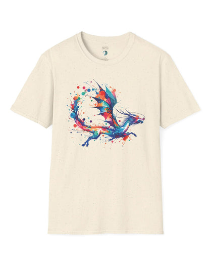 Splatterwing shirt in natural, featuring a vibrant dragon made of dynamic multicolor paint splashes.